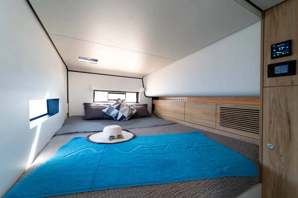 Cabin on Silence, a Vaan R4 Electric catamaran at Grad Šibenik, Croatia