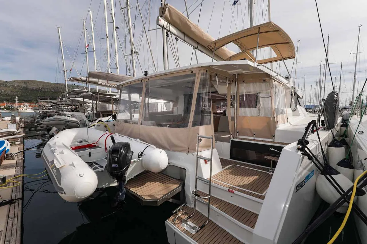Exterior view of Alchiba, a Fountaine Pajot Astrea 42 catamaran at Grad Trogir, Croatia