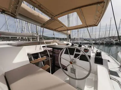 Cockpit of Alchiba, a Fountaine Pajot Astrea 42 catamaran at Grad Trogir, Croatia