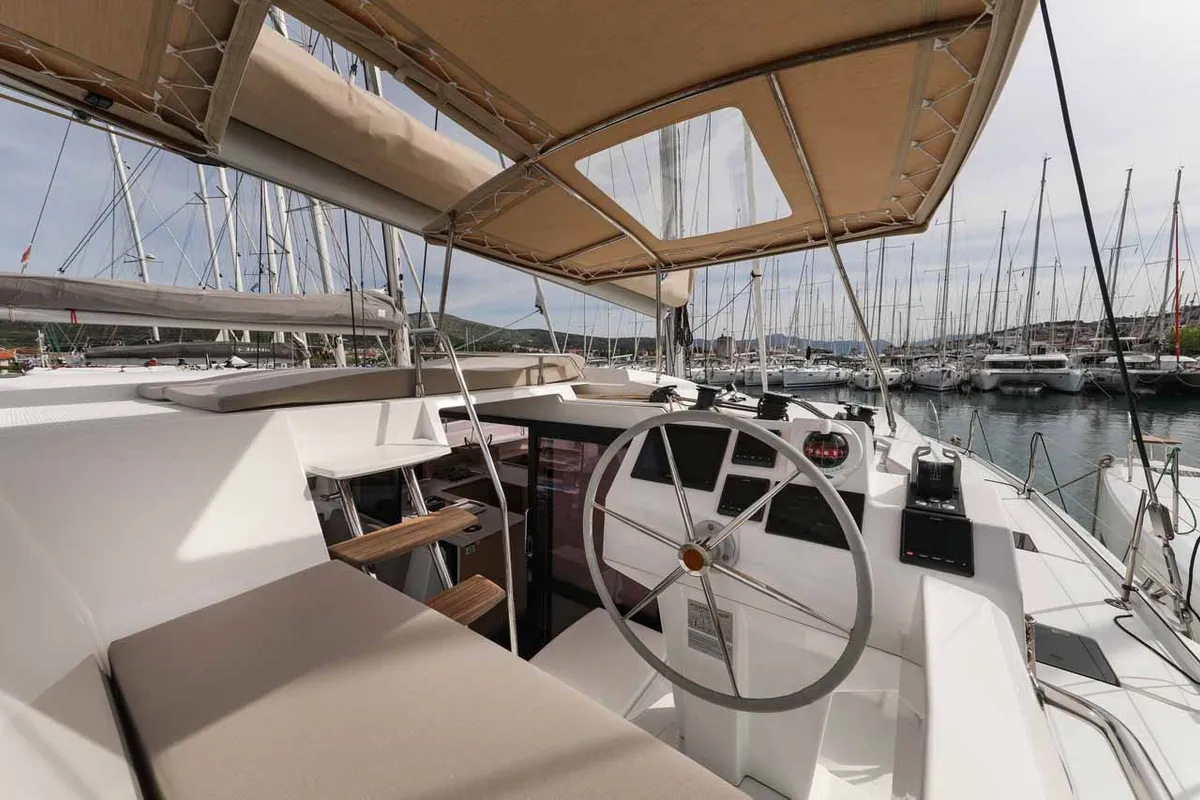 Cockpit of Alchiba, a Fountaine Pajot Astrea 42 catamaran at Grad Trogir, Croatia