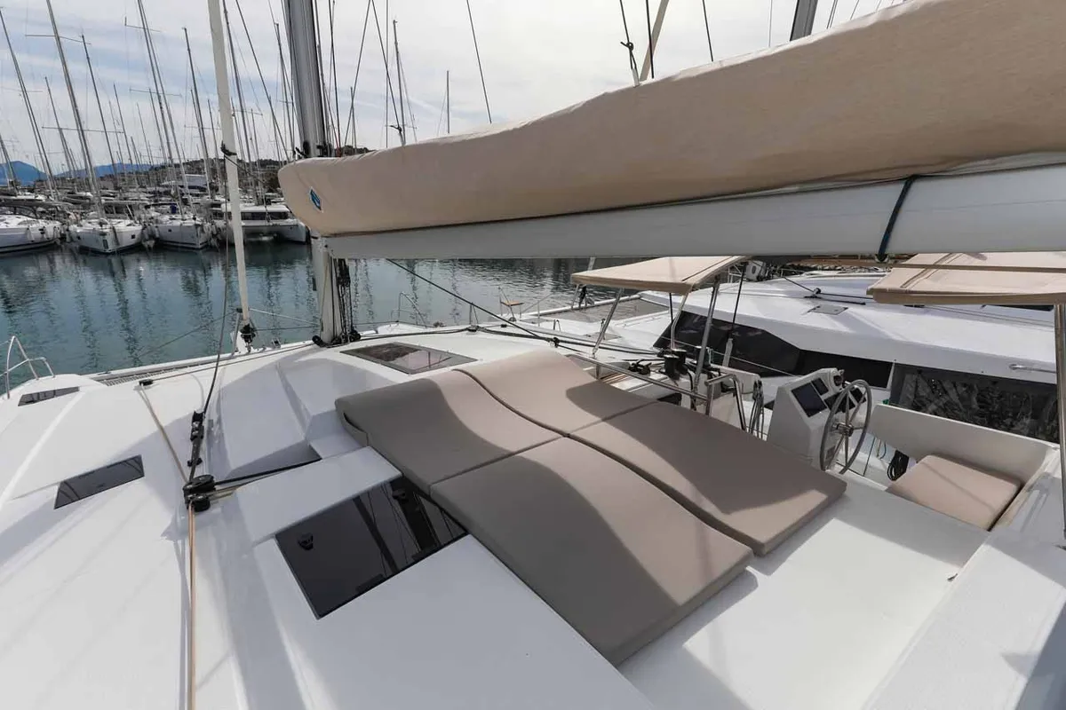 Deck of Alchiba, a Fountaine Pajot Astrea 42 catamaran at Grad Trogir, Croatia