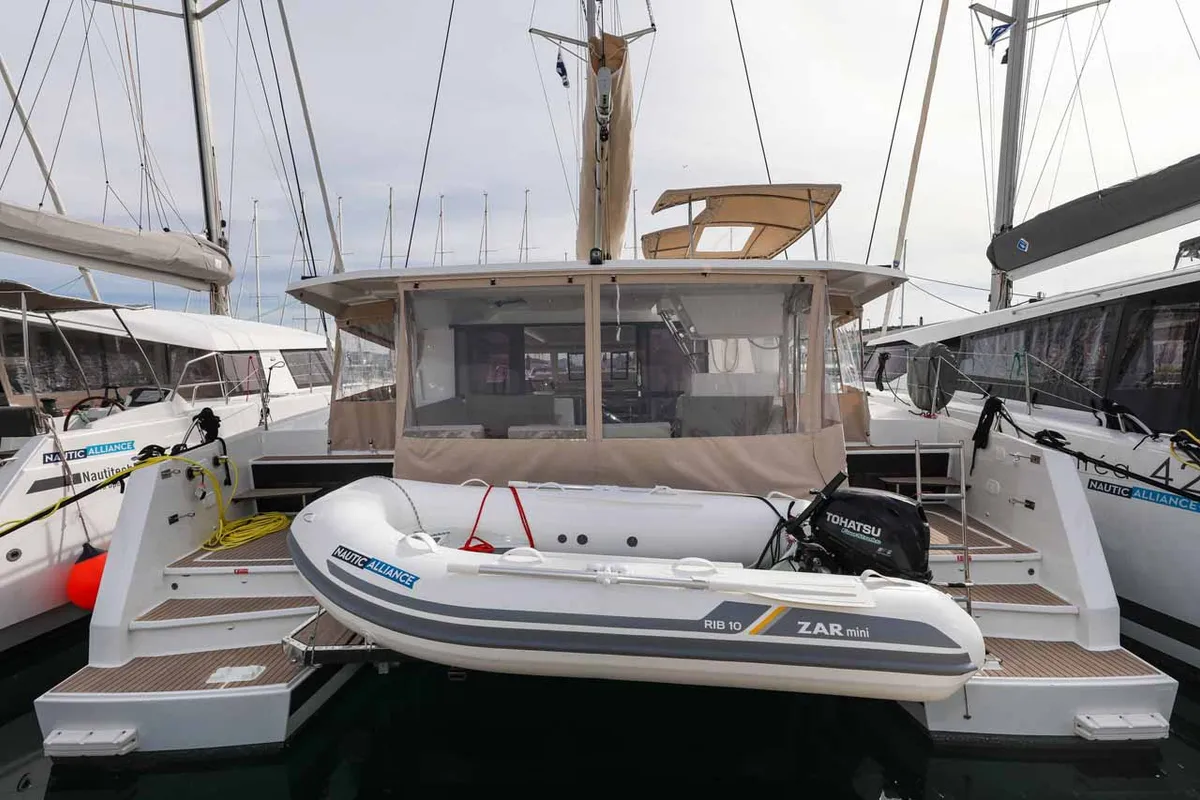 Exterior view of Alchiba, a Fountaine Pajot Astrea 42 catamaran at Grad Trogir, Croatia