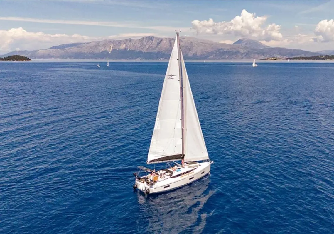 Exterior view of King Julian, a Jeanneau Sun Odyssey 36i sailboat at Municipal Unit of Lefkada, Greece