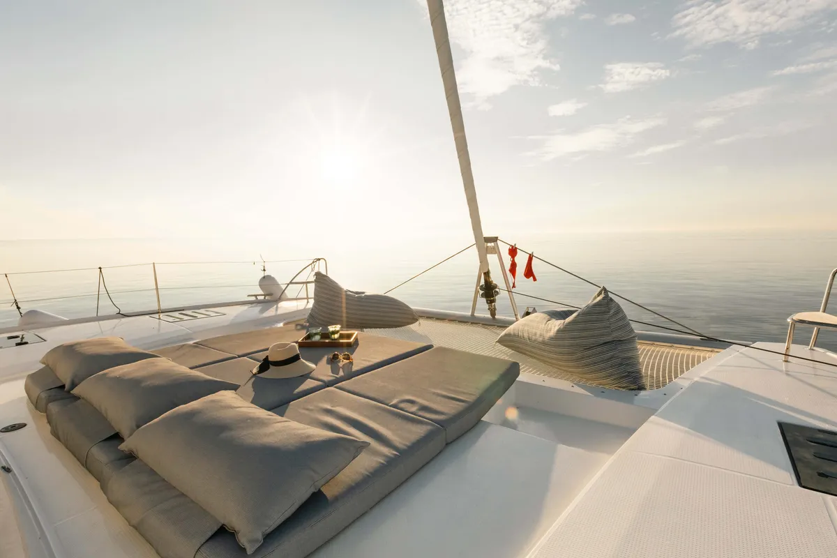 Deck of Dione, a Fountaine Pajot Tanna 47 catamaran at Municipal Unit of Lefkada, Greece