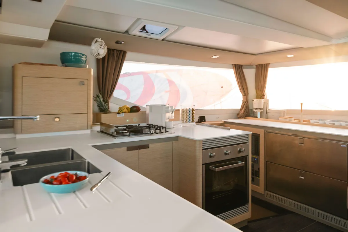 Galley of Dione, a Fountaine Pajot Tanna 47 catamaran at Municipal Unit of Lefkada, Greece
