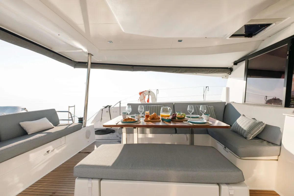 Deck of Dione, a Fountaine Pajot Tanna 47 catamaran at Municipal Unit of Lefkada, Greece