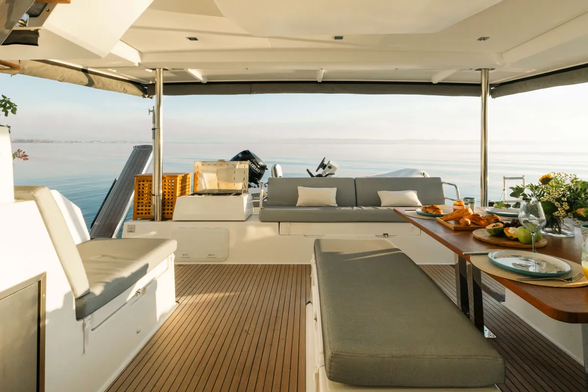 Deck of Dione, a Fountaine Pajot Tanna 47 catamaran at Municipal Unit of Lefkada, Greece