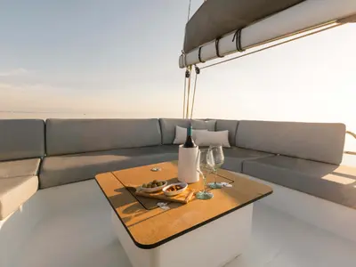 Deck of Dione, a Fountaine Pajot Tanna 47 catamaran at Municipal Unit of Lefkada, Greece
