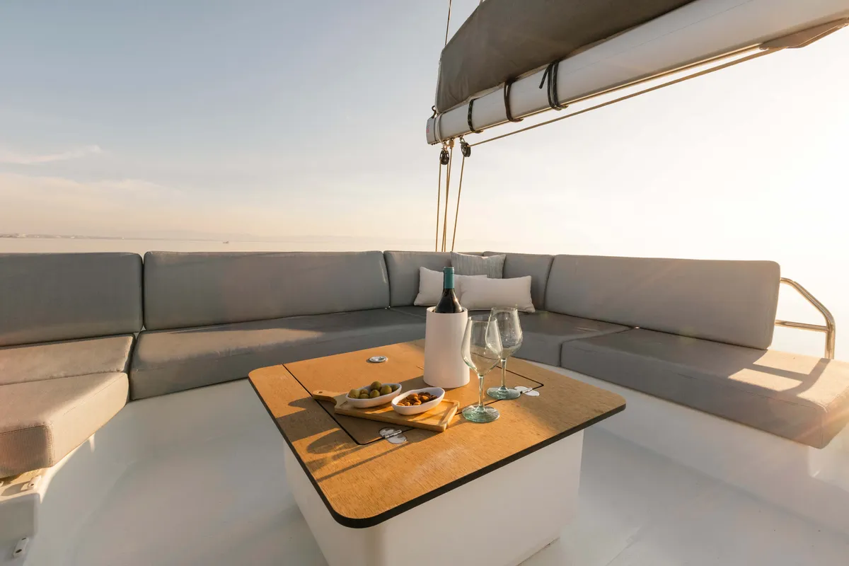 Deck of Dione, a Fountaine Pajot Tanna 47 catamaran at Municipal Unit of Lefkada, Greece