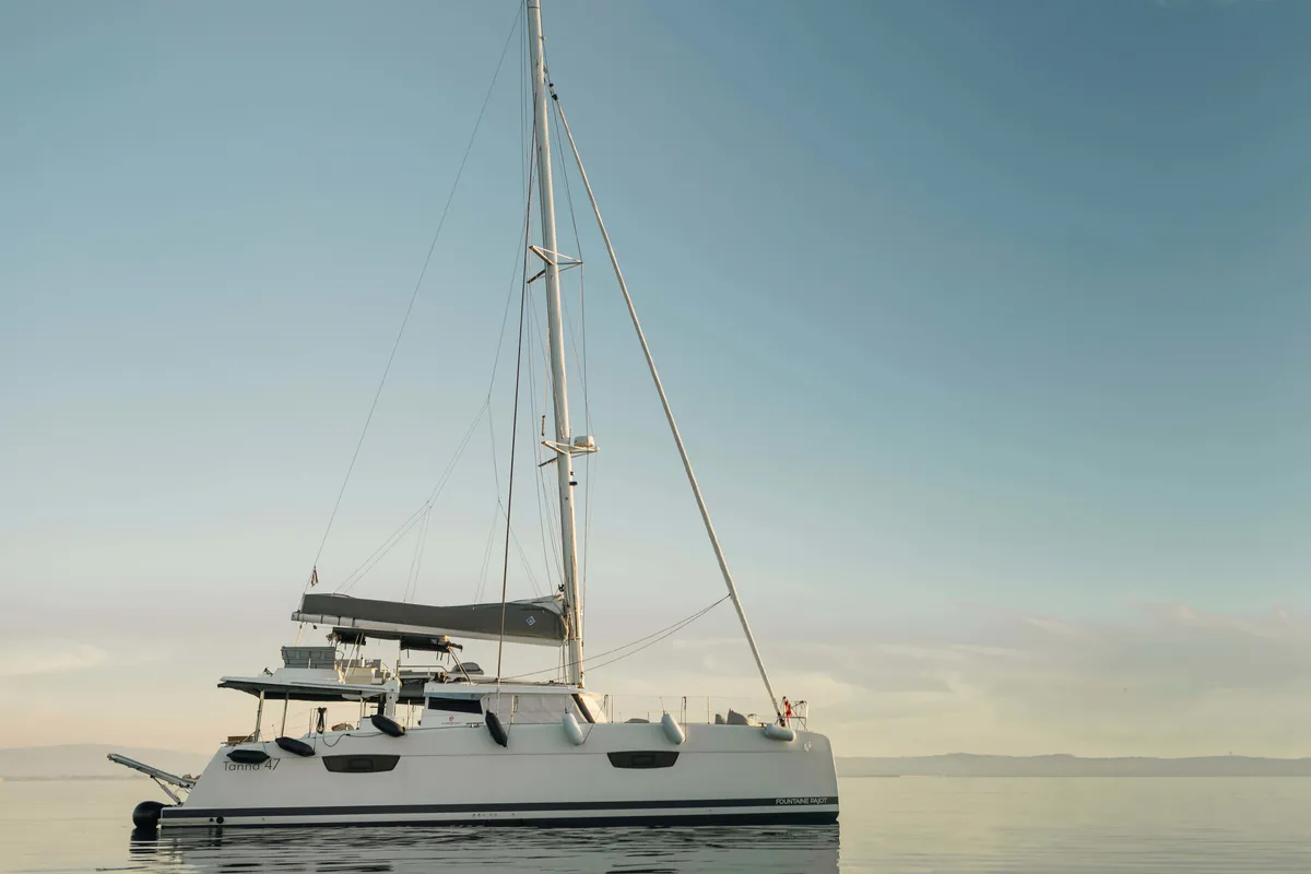 Exterior view of Dione, a Fountaine Pajot Tanna 47 catamaran at Municipal Unit of Lefkada, Greece