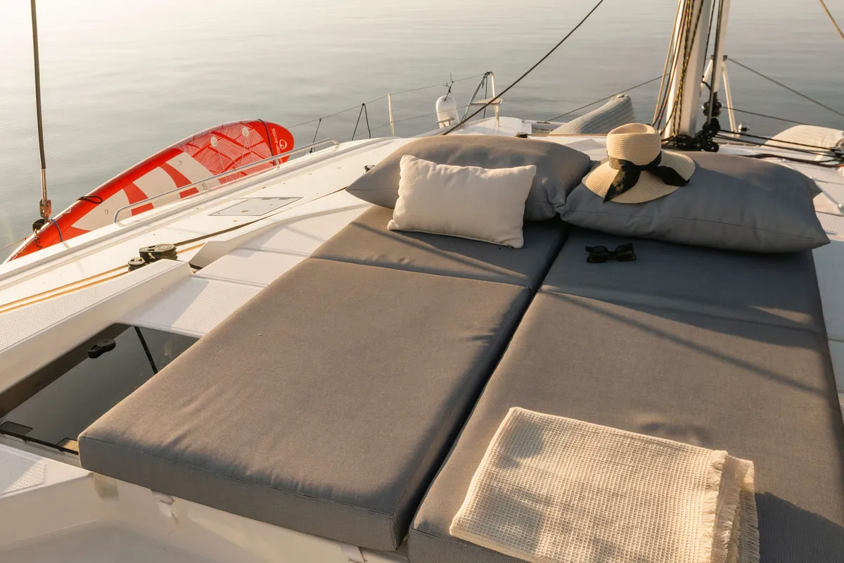 Deck of Dione, a Fountaine Pajot Tanna 47 catamaran at Municipal Unit of Lefkada, Greece
