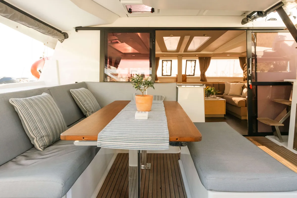 Deck of Dione, a Fountaine Pajot Tanna 47 catamaran at Municipal Unit of Lefkada, Greece