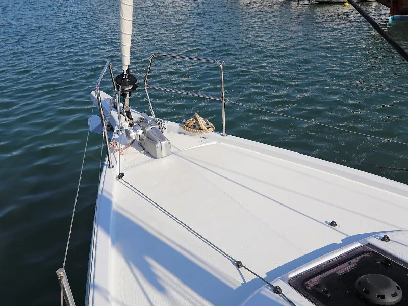 Deck of Aris, a Jeanneau Sun Odyssey 410 sailboat at Lavreotiki Municipal Unit, Greece