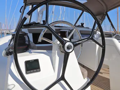 Cockpit of Aris, a Jeanneau Sun Odyssey 410 sailboat at Lavreotiki Municipal Unit, Greece