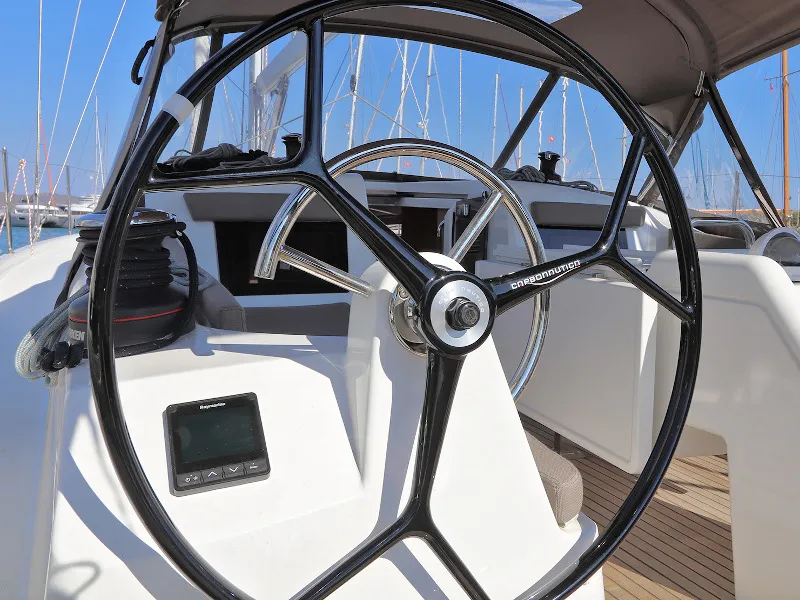 Cockpit of Aris, a Jeanneau Sun Odyssey 410 sailboat at Lavreotiki Municipal Unit, Greece