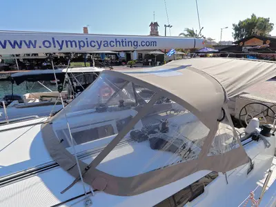 Deck of Aris, a Jeanneau Sun Odyssey 410 sailboat at Lavreotiki Municipal Unit, Greece