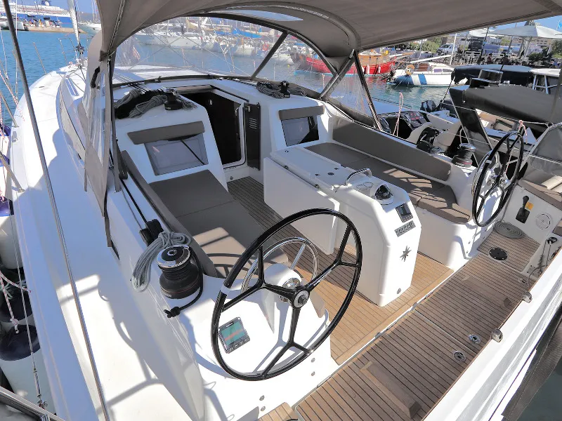Cockpit of Aris, a Jeanneau Sun Odyssey 410 sailboat at Lavreotiki Municipal Unit, Greece