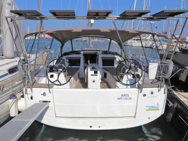 Exterior view of Aris, a Jeanneau Sun Odyssey 410 sailboat at Lavreotiki Municipal Unit, Greece