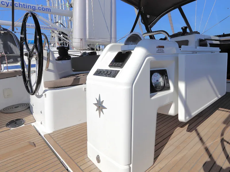 Cockpit of Aris, a Jeanneau Sun Odyssey 410 sailboat at Lavreotiki Municipal Unit, Greece