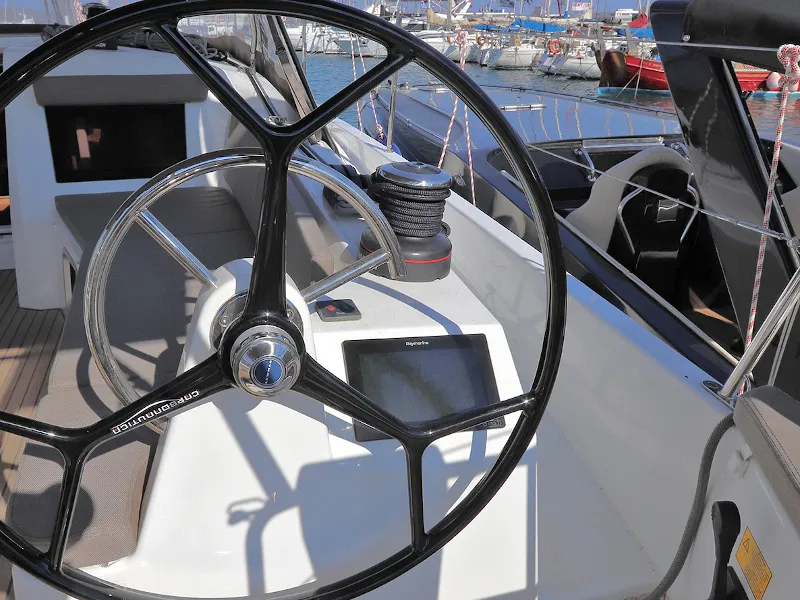 Cockpit of Aris, a Jeanneau Sun Odyssey 410 sailboat at Lavreotiki Municipal Unit, Greece