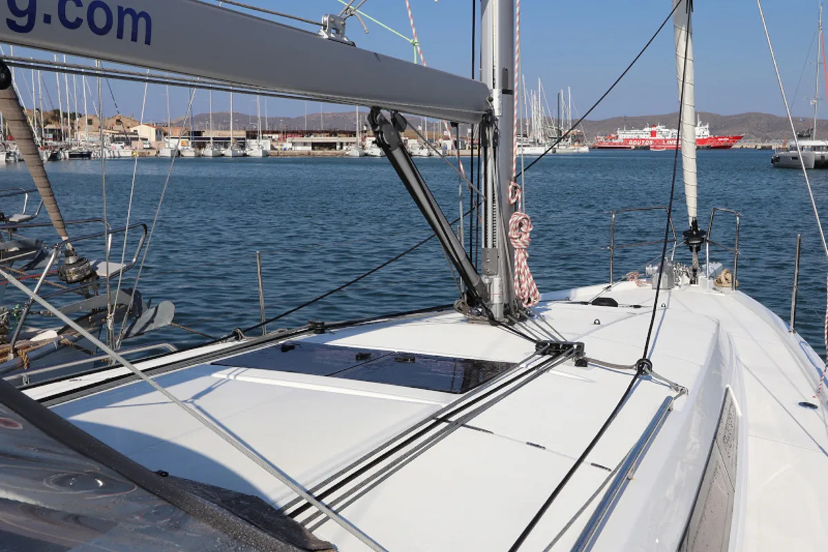 Deck of Aris, a Jeanneau Sun Odyssey 410 sailboat at Lavreotiki Municipal Unit, Greece