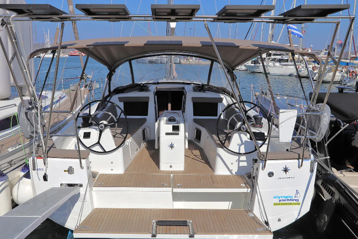 Exterior view of Aris, a Jeanneau Sun Odyssey 410 sailboat at Lavreotiki Municipal Unit, Greece