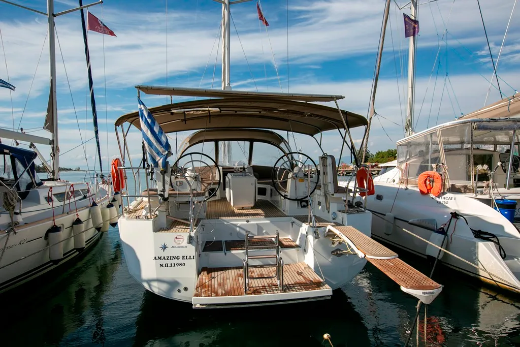 Exterior view of Amazing Elli, a Jeanneau 54 sailboat at Marpissa, Greece