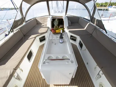 Deck of Amazing Elli, a Jeanneau 54 sailboat at Marpissa, Greece