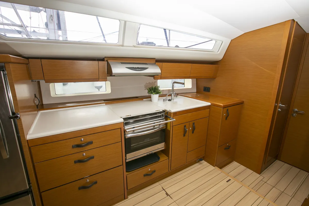 Galley of Amazing Elli, a Jeanneau 54 sailboat at Marpissa, Greece