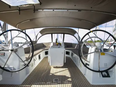 Cockpit of Amazing Elli, a Jeanneau 54 sailboat at Marpissa, Greece