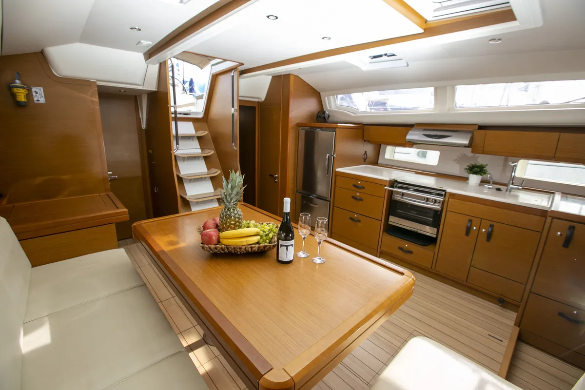Salon of Amazing Elli, a Jeanneau 54 sailboat at Marpissa, Greece