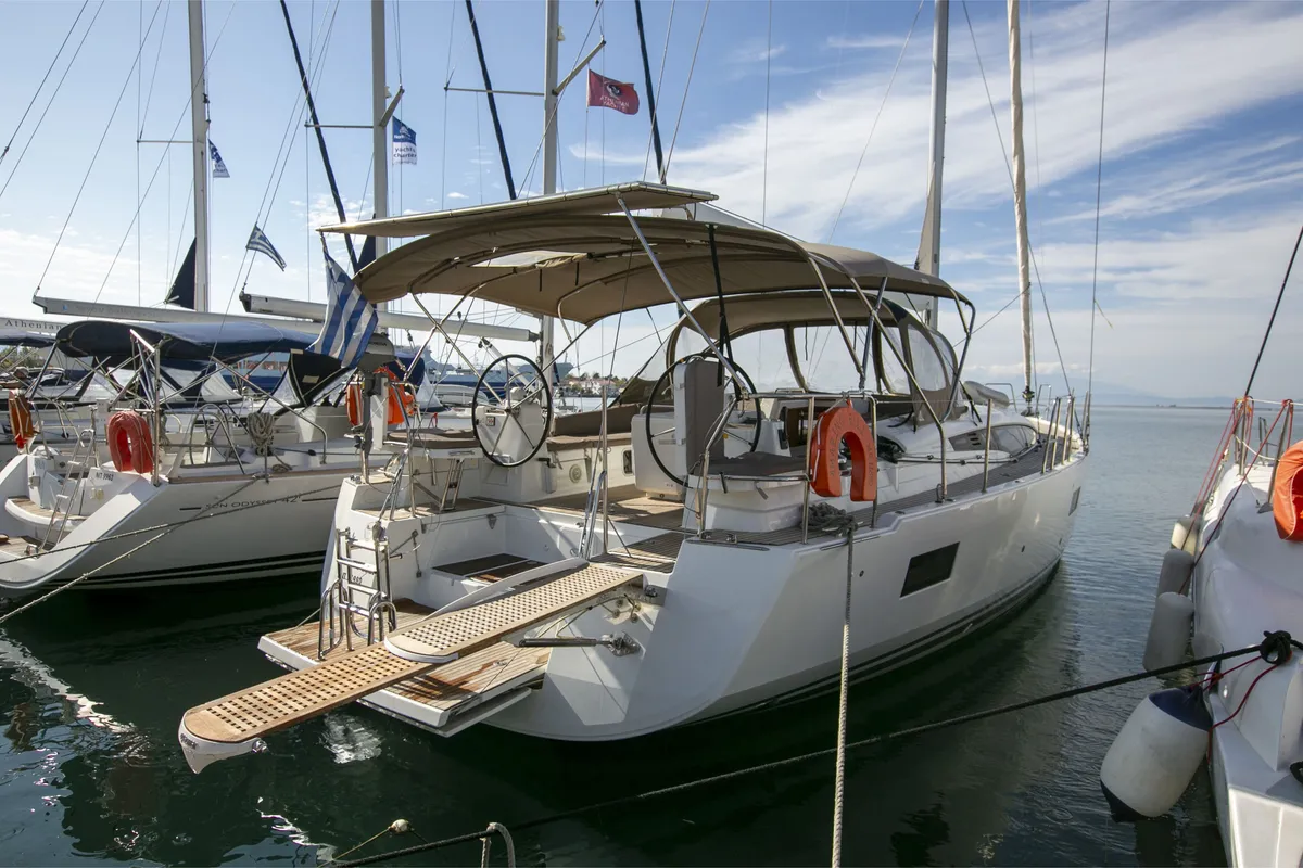 Exterior view of Amazing Elli, a Jeanneau 54 sailboat at Marpissa, Greece