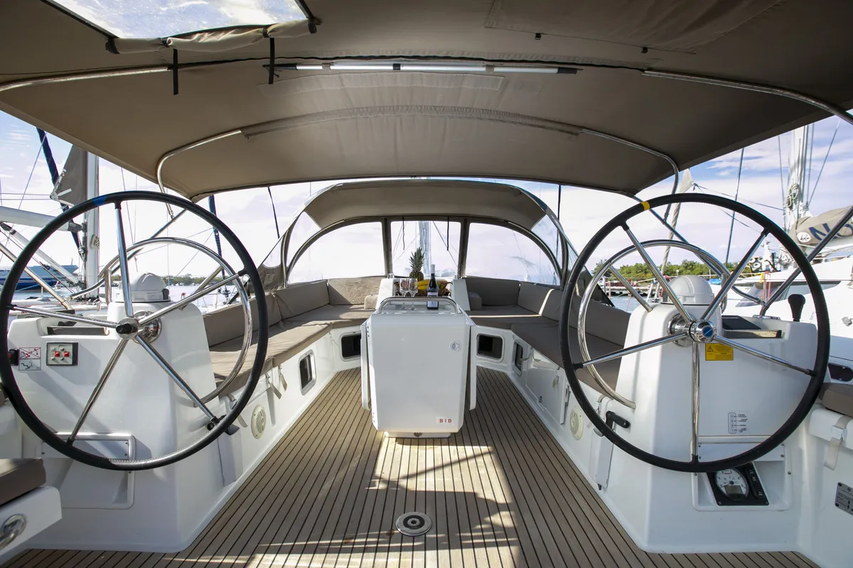 Cockpit of Amazing Elli, a Jeanneau 54 sailboat at Marpissa, Greece