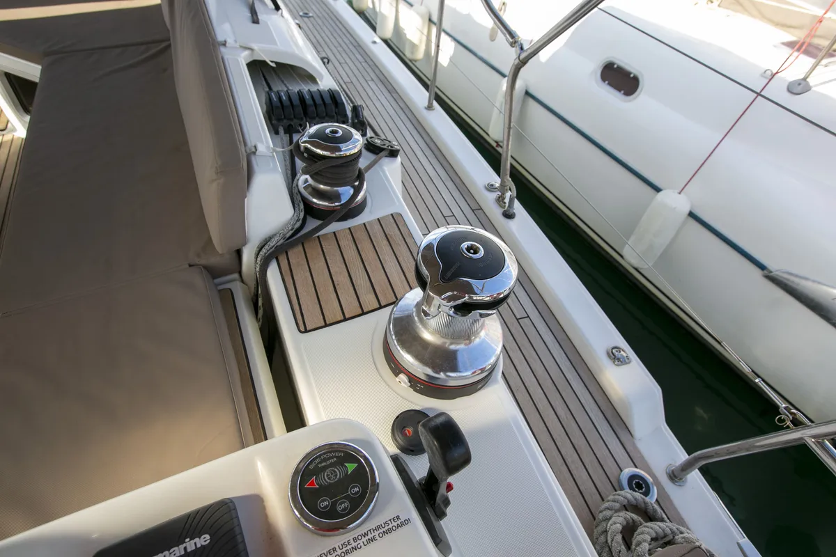 Deck of Amazing Elli, a Jeanneau 54 sailboat at Marpissa, Greece