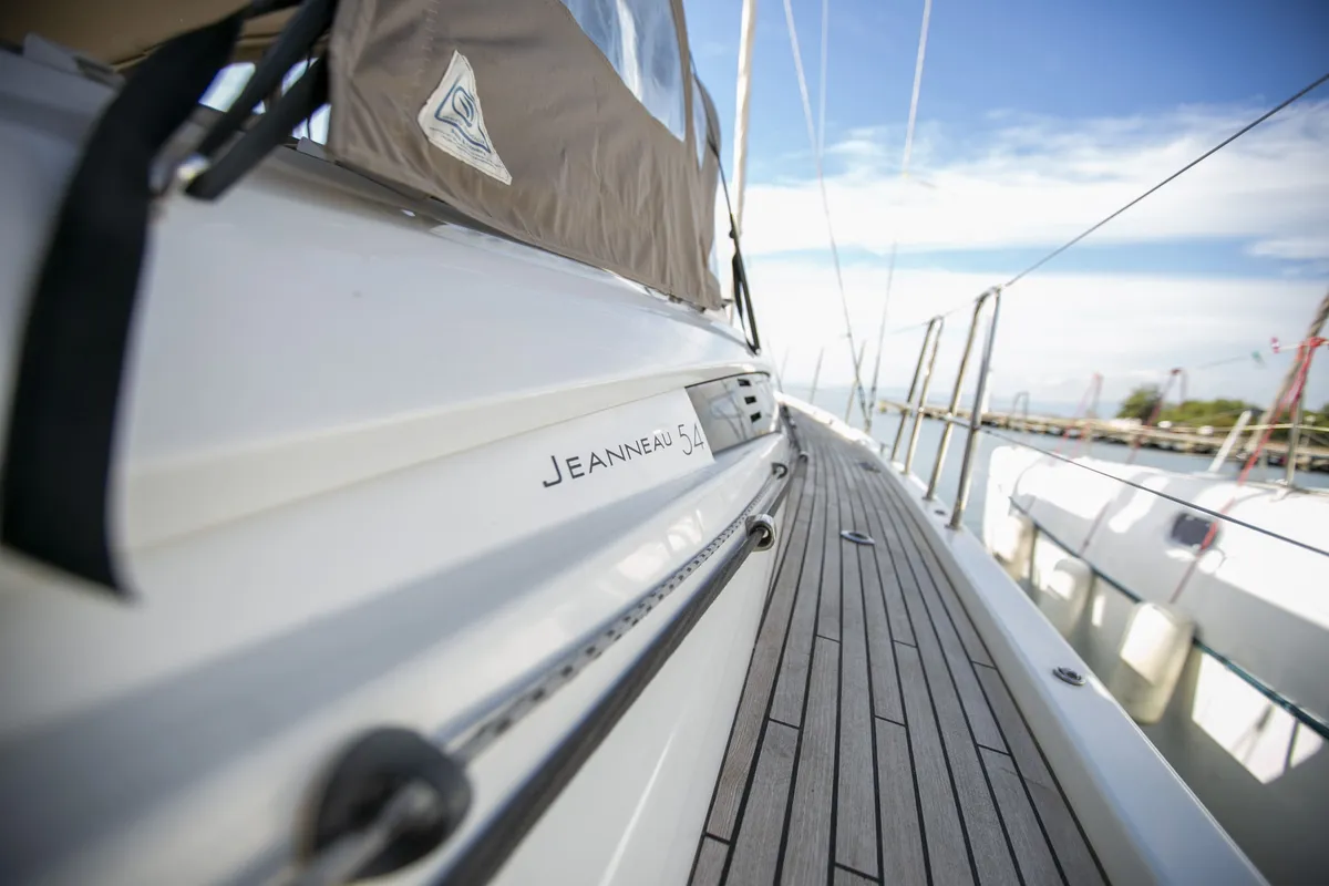Deck of Amazing Elli, a Jeanneau 54 sailboat at Marpissa, Greece