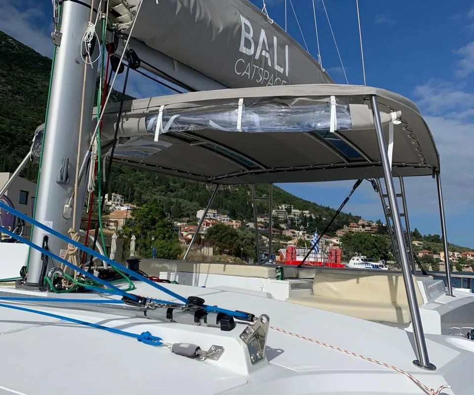 Deck of Danae, a Bali Catspace catamaran at Ellomenos, Greece