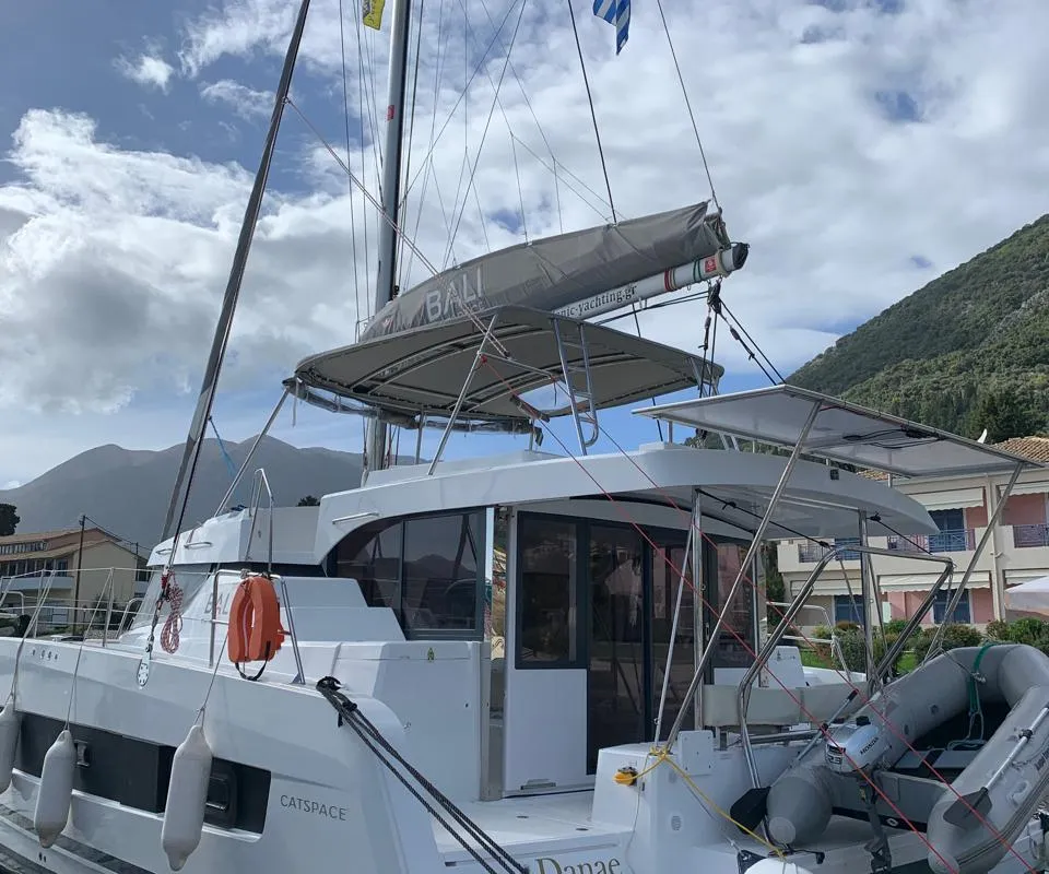 Exterior view of Danae, a Bali Catspace catamaran at Ellomenos, Greece