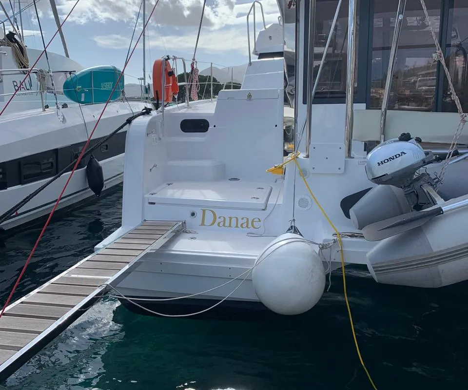 Exterior view of Danae, a Bali Catspace catamaran at Ellomenos, Greece