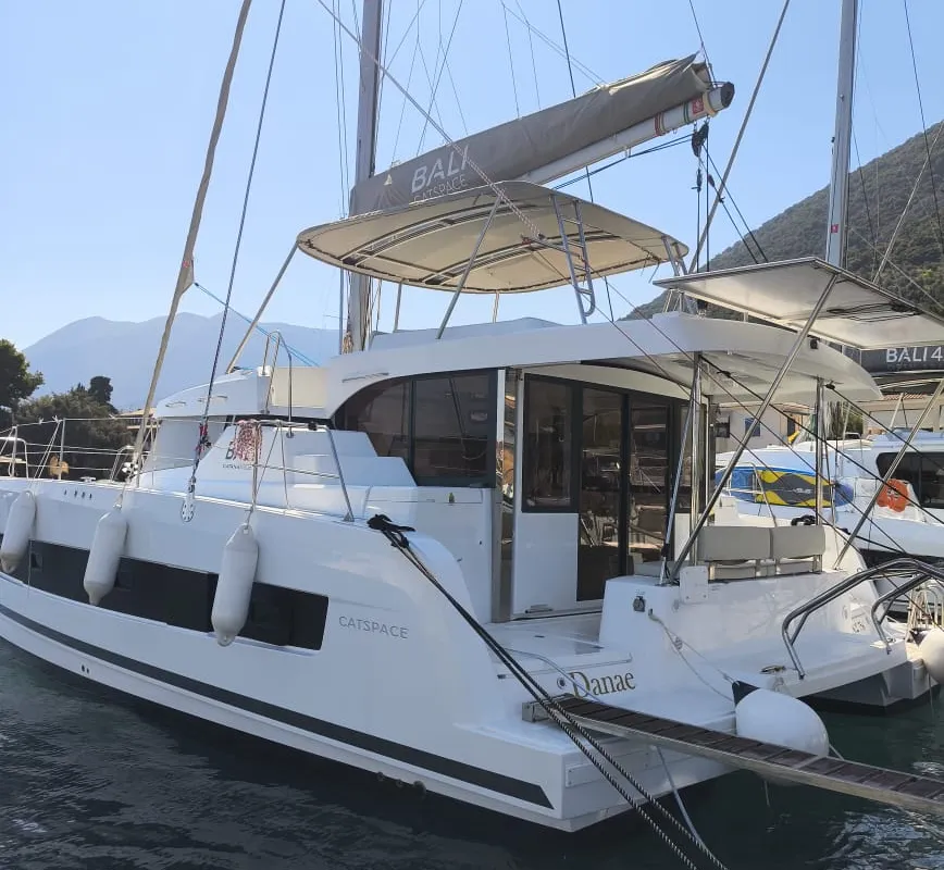 Exterior view of Danae, a Bali Catspace catamaran at Ellomenos, Greece