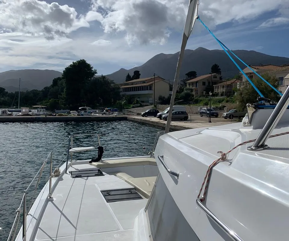 Deck of Danae, a Bali Catspace catamaran at Ellomenos, Greece