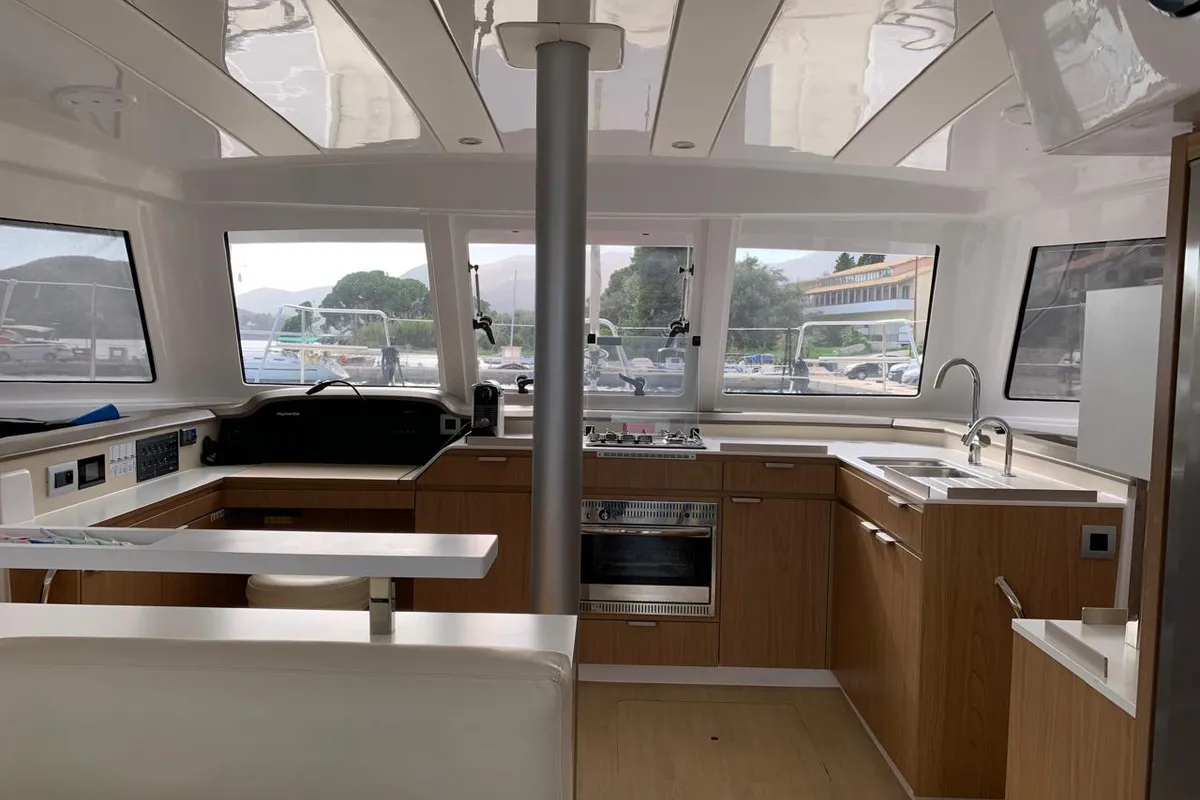 Galley of Danae, a Bali Catspace catamaran at Ellomenos, Greece