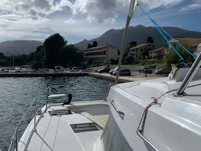Deck of Danae, a Bali Catspace catamaran at Ellomenos, Greece