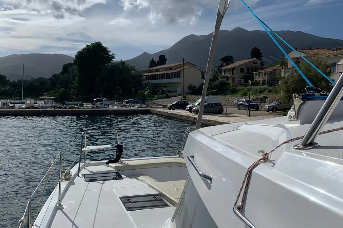 Deck of Danae, a Bali Catspace catamaran at Ellomenos, Greece