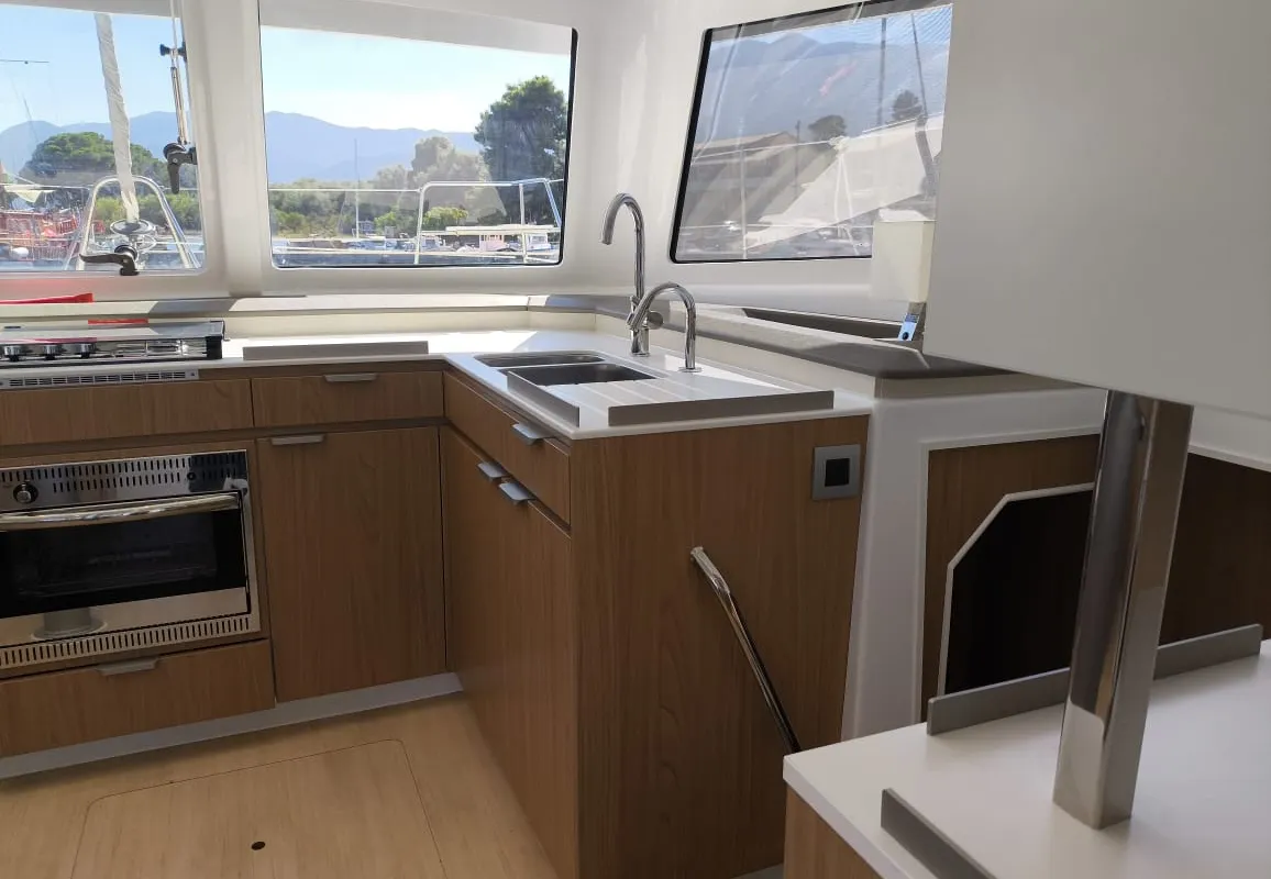 Galley of Danae, a Bali Catspace catamaran at Ellomenos, Greece