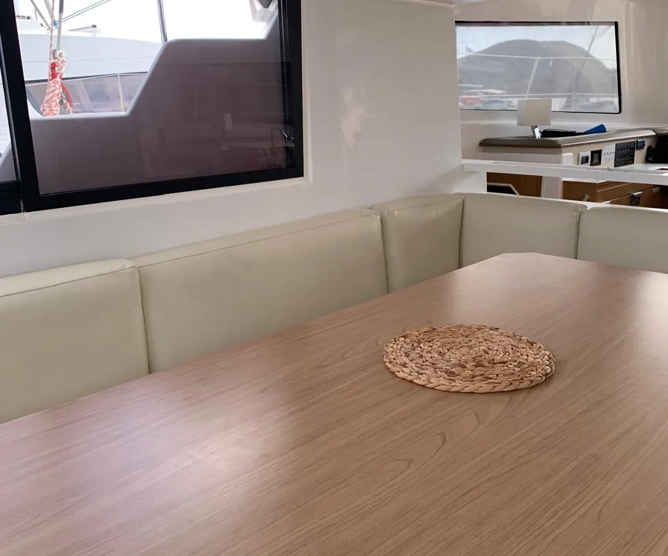 Salon of Danae, a Bali Catspace catamaran at Ellomenos, Greece
