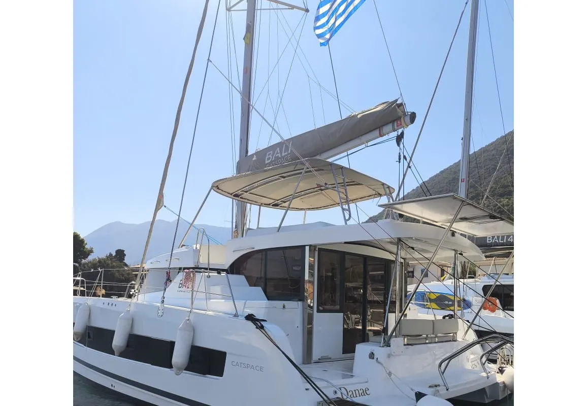 Exterior view of Danae, a Bali Catspace catamaran at Ellomenos, Greece