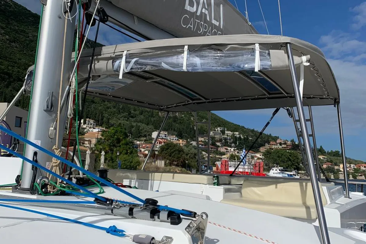 Deck of Danae, a Bali Catspace catamaran at Ellomenos, Greece