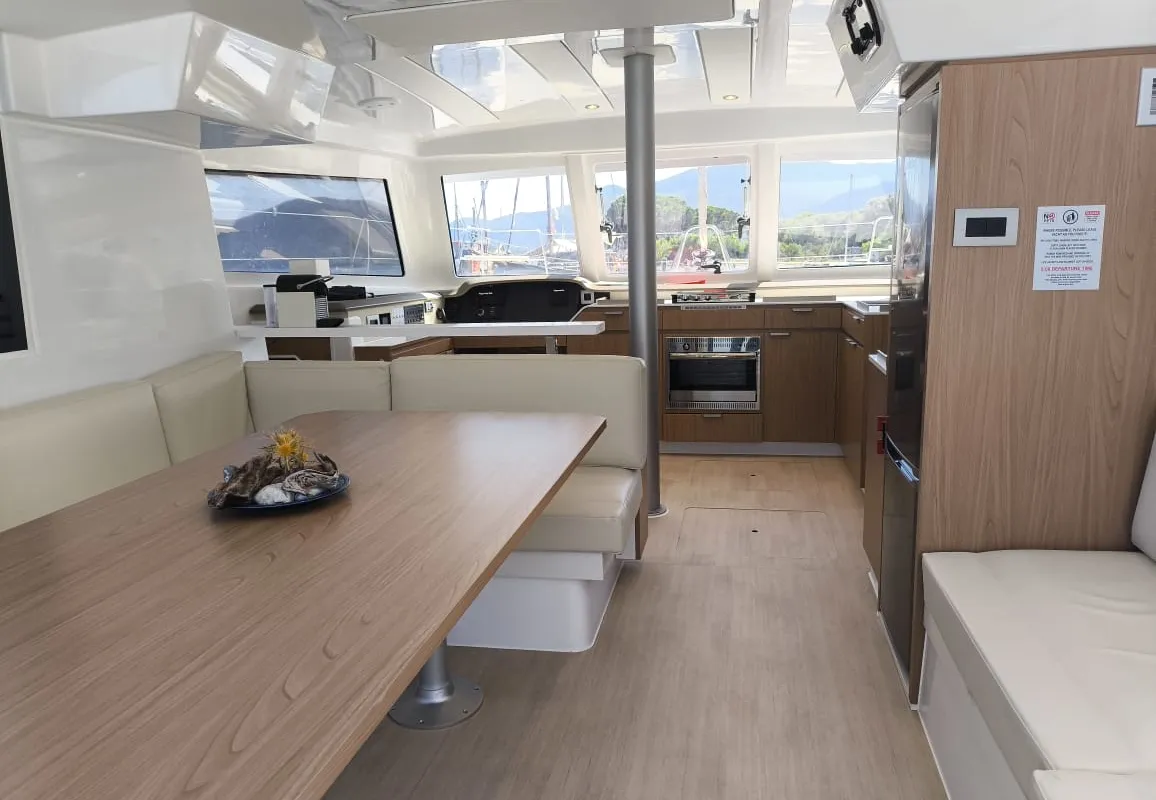 Salon of Danae, a Bali Catspace catamaran at Ellomenos, Greece