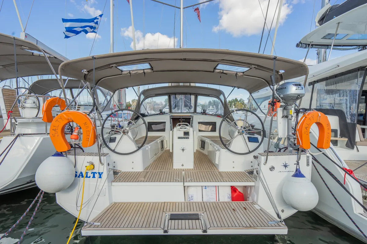 Cockpit of Salty, a Jeanneau Sun Odyssey 410 sailboat at Municipal Unit of Nea Peramos, Greece