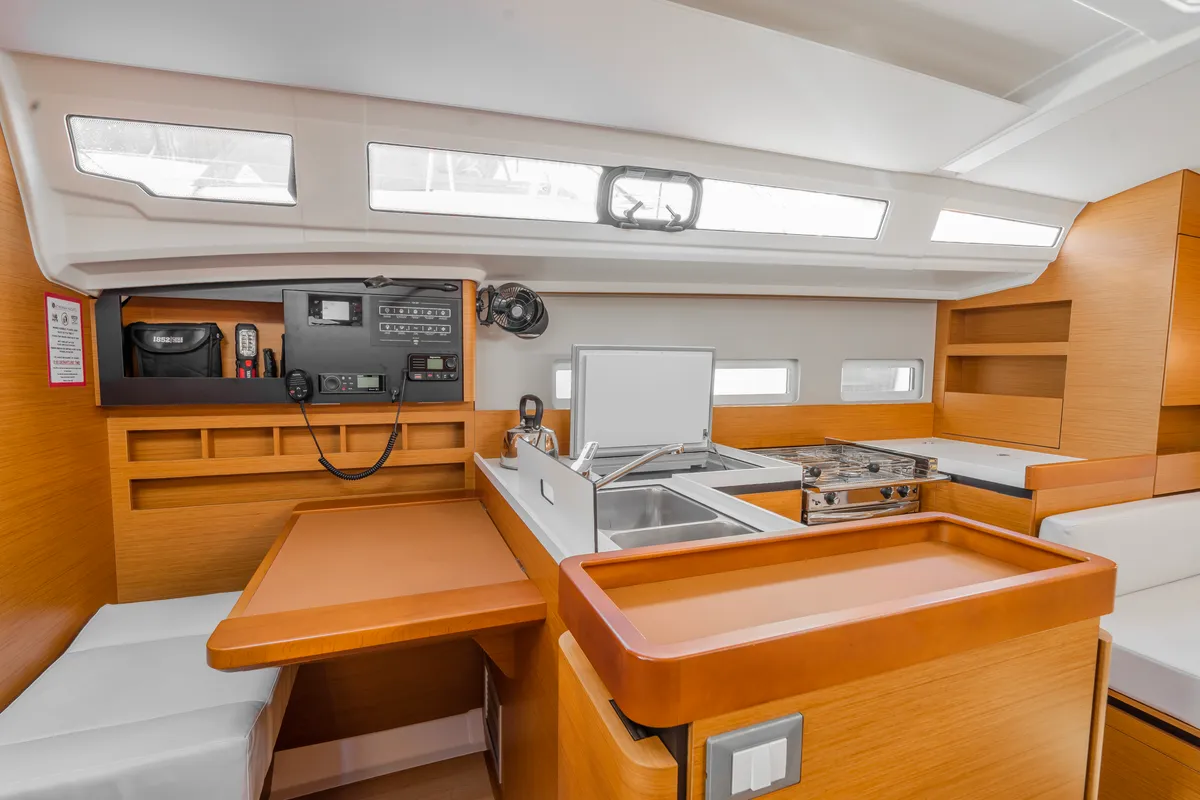 Galley of Salty, a Jeanneau Sun Odyssey 410 sailboat at Municipal Unit of Nea Peramos, Greece